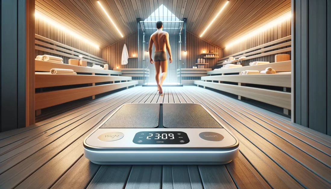 Person using a smart scale in a modern sauna setting, showcasing integration of technology and wellness for weight loss.