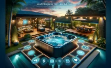 A serene outdoor setting with a luxurious hot tub surrounded by lush greenery, illuminated by soft lighting, with a smartphone displaying smart integration features in the foreground.