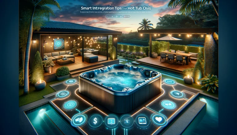 A serene outdoor setting with a luxurious hot tub surrounded by lush greenery, illuminated by soft lighting, with a smartphone displaying smart integration features in the foreground.