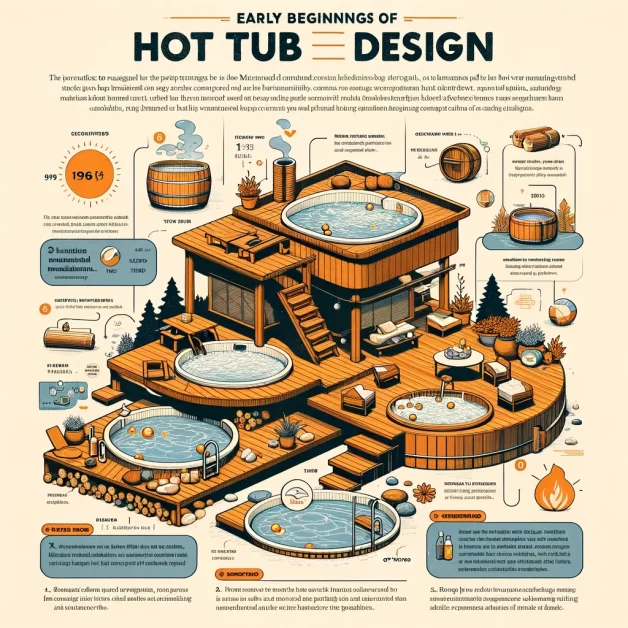 The infographic has been recreated to clearly illustrate the early beginnings of hot tub design before the 1960s, focusing on the transition from natural hot springs to the first manufactured hot tubs inspired by traditional Japanese ofuro baths and Scandinavian soaking tubs.