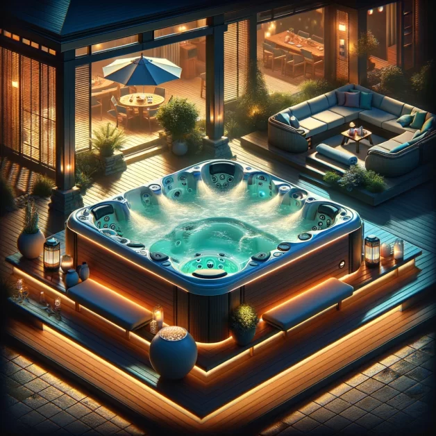 a 1990s hot tub, showcasing multiple jets, diverse seating arrangements, and mood lighting, has been created.