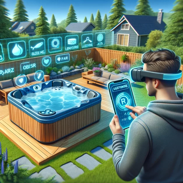 a person using augmented reality (AR) to customize a hot tub in their backyard. It illustrates a futuristic concept where the individual, through AR glasses or a device, interacts with a holographic projection of a hot tub.