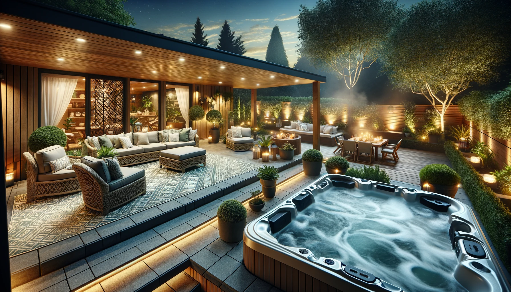 This scene captures the essence of a serene evening setting, highlighting a luxurious hot tub as the centerpiece of a beautifully designed outdoor living space.