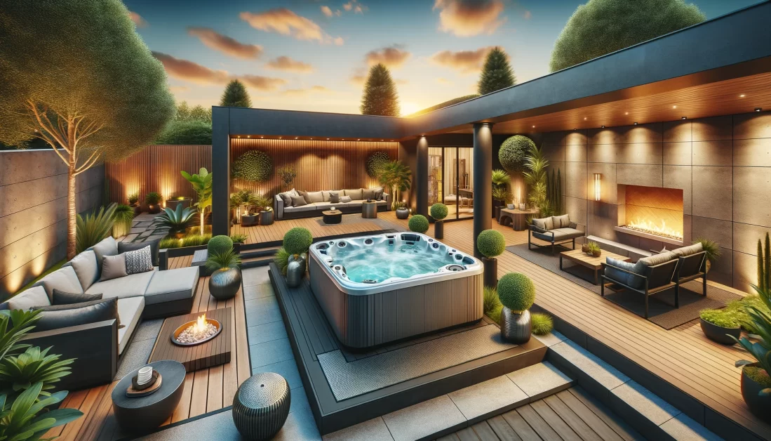 a patio with a hot tub, featuring a modern and spacious outdoor setting that captures the essence of luxury and comfort during the golden hour.