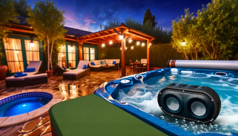 Inviting hot tub setting featuring stylish waterproof Bluetooth speakers integrated into a serene outdoor patio area under starlit sky.