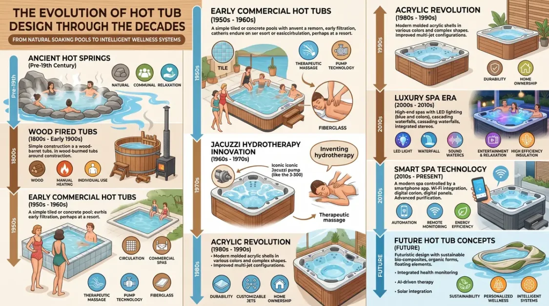 The Evolution of Hot Tub Design Through the Decades 5 Illustrated infographic showing the evolution of hot tub designs from ancient hot springs to future concepts.