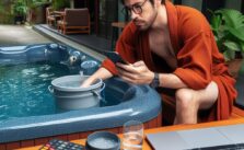 a man wearing red shirt measuring the water in hot tub with hot tub volume calculator.