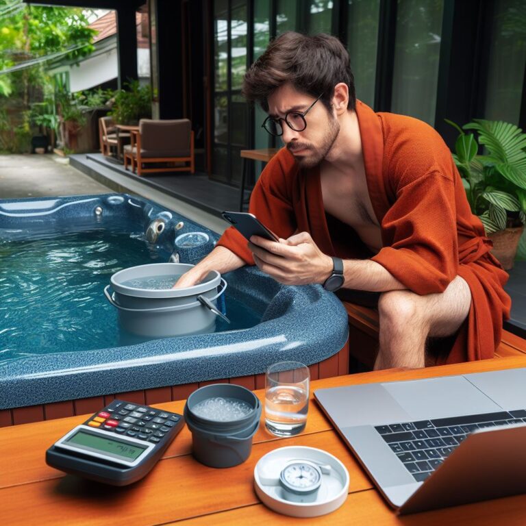 a man wearing red shirt measuring the water in hot tub with hot tub volume calculator.