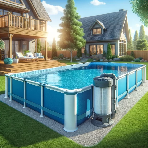 an above-ground swimming pool with a compact sand filter system placed at the side. (pros and cons of sand filters)