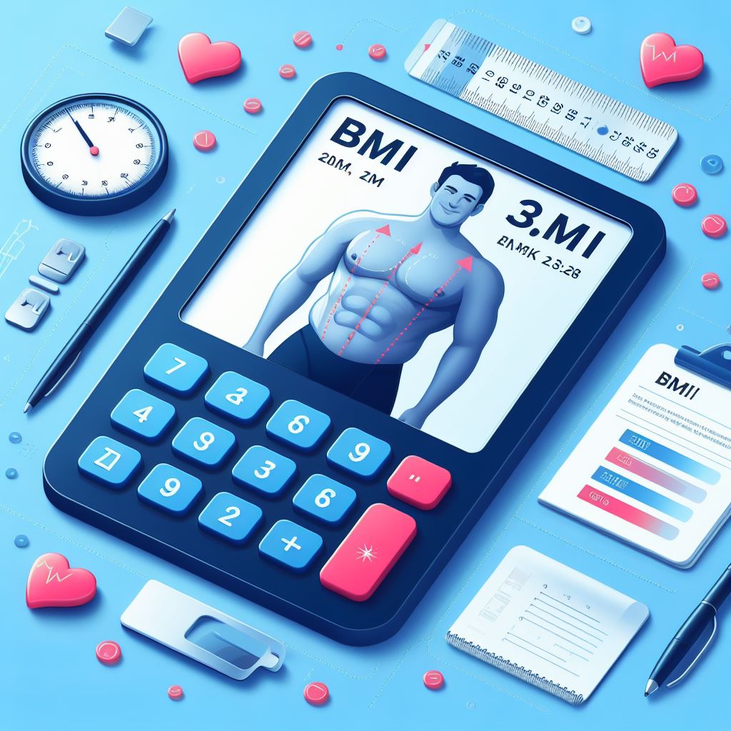 An illustration of a calculator with a BMI (Body Mass Index) display, surrounded by fitness and health icons on a blue background.