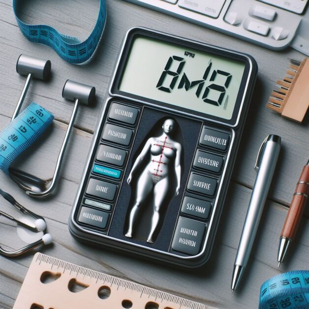 A digital BMI calculator displaying a reading of 18.2, surrounded by a measuring tape, calculator, pen, and other tools on a desk.