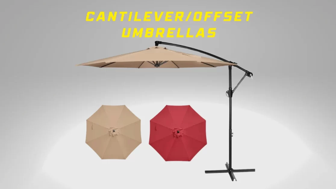 Three cantilever or offset umbrellas in beige and red colors, with one fully extended on a stand.