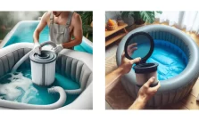 A two-part image showing the process of cleaning a portable hot tub. On the left, a person is removing a filter from a hot tub filled with water in an outdoor setting. On the right, a person is inspecting a clean, opened filter next to an empty hot tub in an indoor setting.