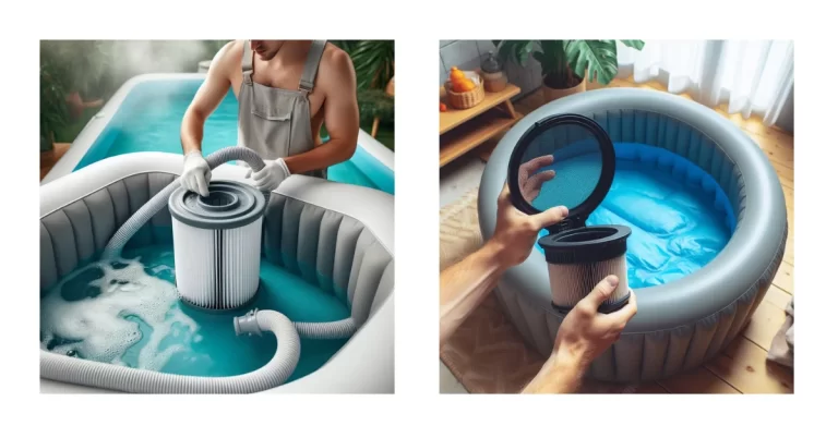 A two-part image showing the process of cleaning a portable hot tub. On the left, a person is removing a filter from a hot tub filled with water in an outdoor setting. On the right, a person is inspecting a clean, opened filter next to an empty hot tub in an indoor setting.