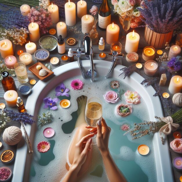 A person relaxing in a bathtub surrounded by an assortment of candles, flowers, and bath products, holding a glass of champagne.