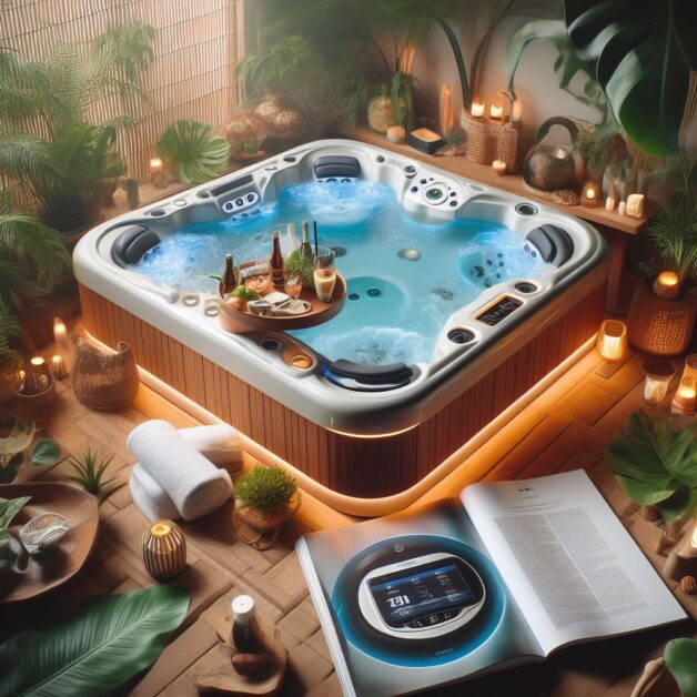 A luxurious hot tub filled with bubbling water, surrounded by candles and greenery, with a tray of refreshments floating on the surface.