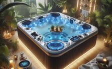 A luxurious hot tub with glowing blue water is surrounded by lush green plants and illuminated by ambient lighting, creating a serene and inviting atmosphere.