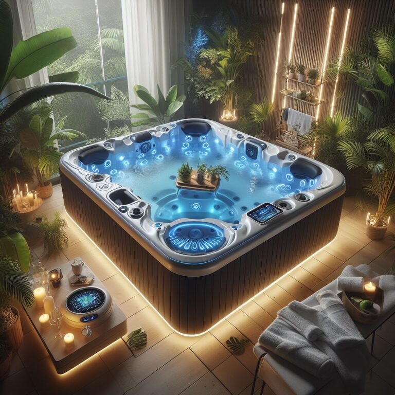 A luxurious hot tub with glowing blue water is surrounded by lush green plants and illuminated by ambient lighting, creating a serene and inviting atmosphere.