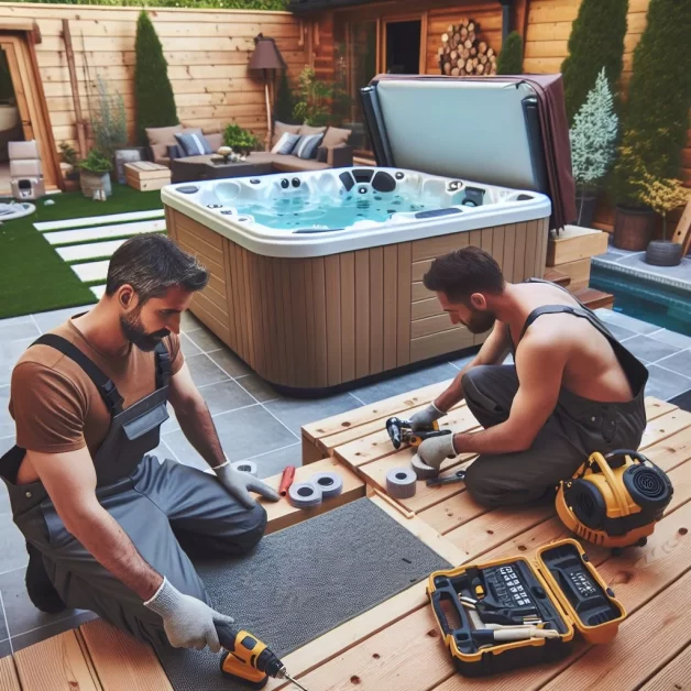 two man preparing the hot tub base pad 