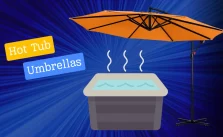 An illustration featuring a hot tub and an umbrella, with labels ‘Hot Tub’ and ‘Umbrellas’ on a radiant blue background.