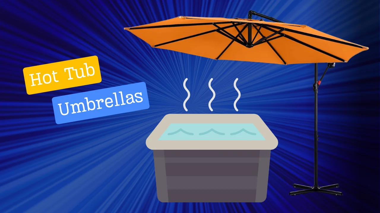 An illustration featuring a hot tub and an umbrella, with labels ‘Hot Tub’ and ‘Umbrellas’ on a radiant blue background.