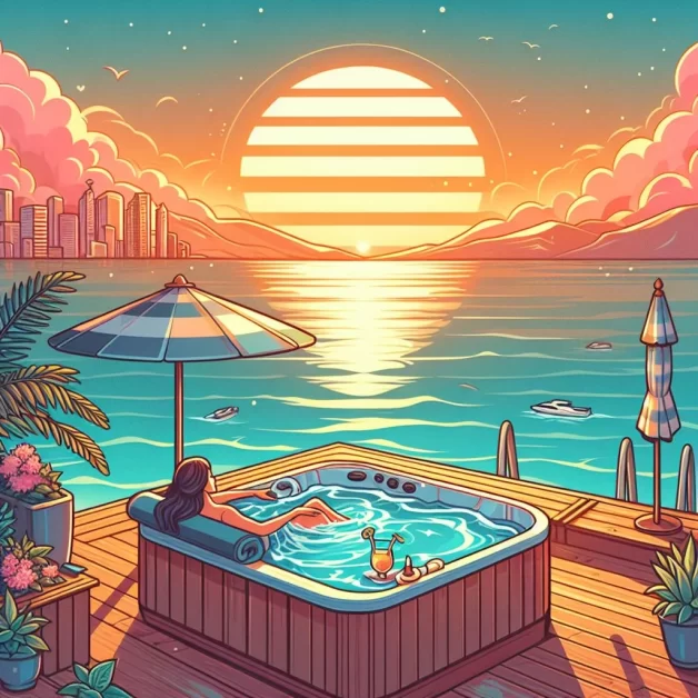 a illustration with clear sun set scene woman soaking in a hot tub