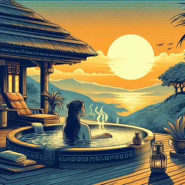 a illustration pregnant woman soaking in a hot tub at sun set time.