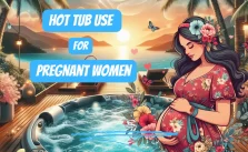 An illustration featuring a pregnant individual standing next to a hot tub, surrounded by tropical scenery with the text ‘HOT TUB USE FOR PREGNANT WOMEN’ displayed prominently.