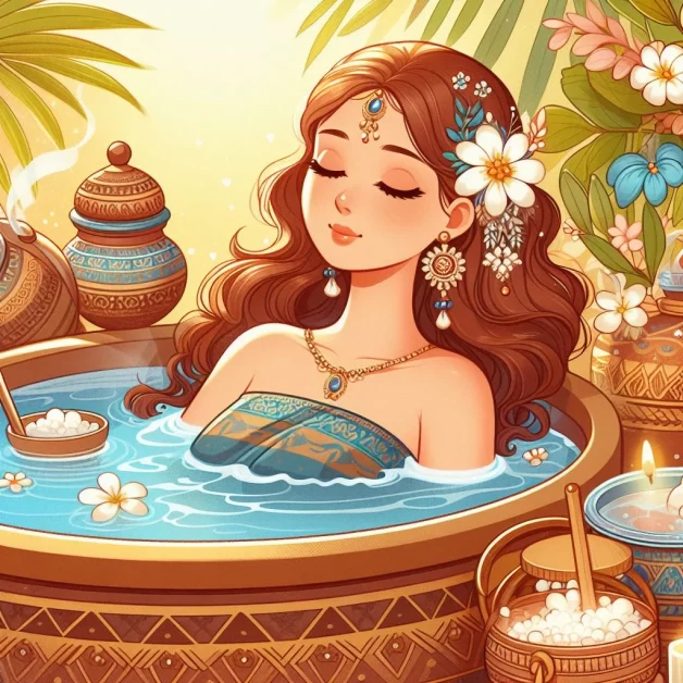 a illustration woman soaking in a hot tub