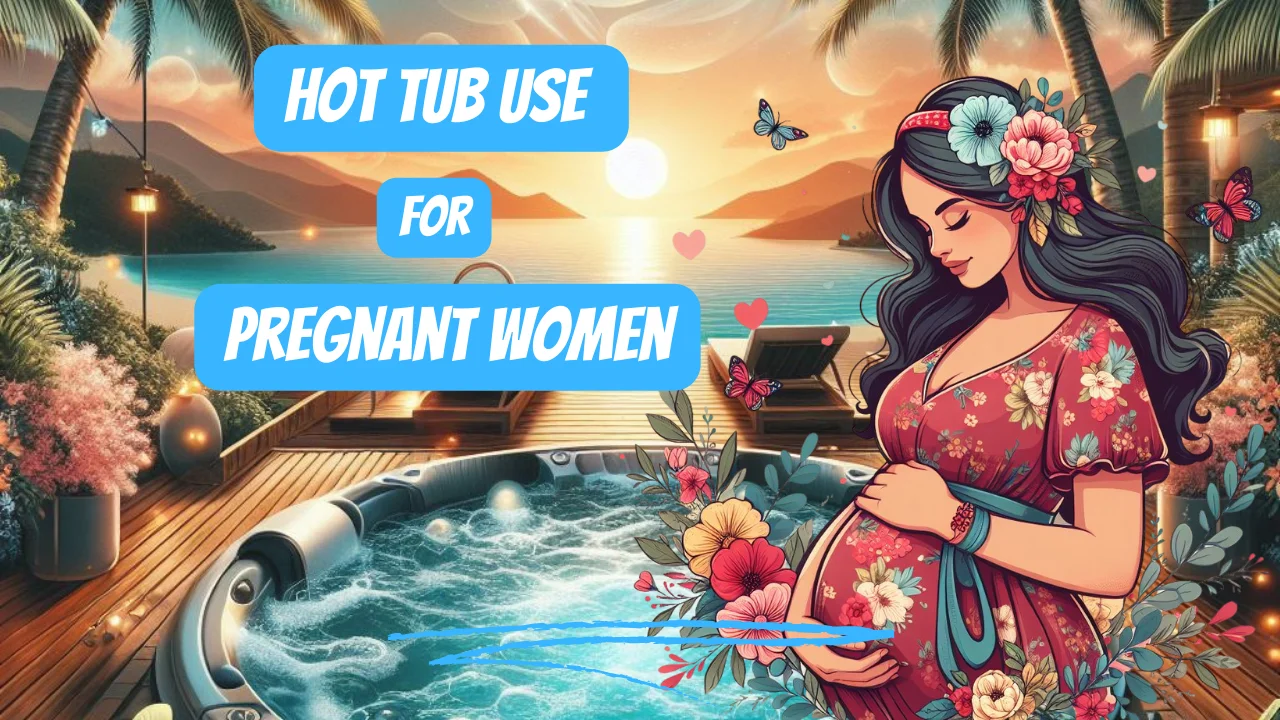 An illustration featuring a pregnant individual standing next to a hot tub, surrounded by tropical scenery with the text ‘HOT TUB USE FOR PREGNANT WOMEN’ displayed prominently.