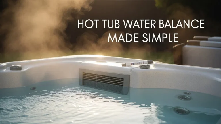 Clear outdoor hot tub with water testing kit showing simple hot tub water balance maintenance.