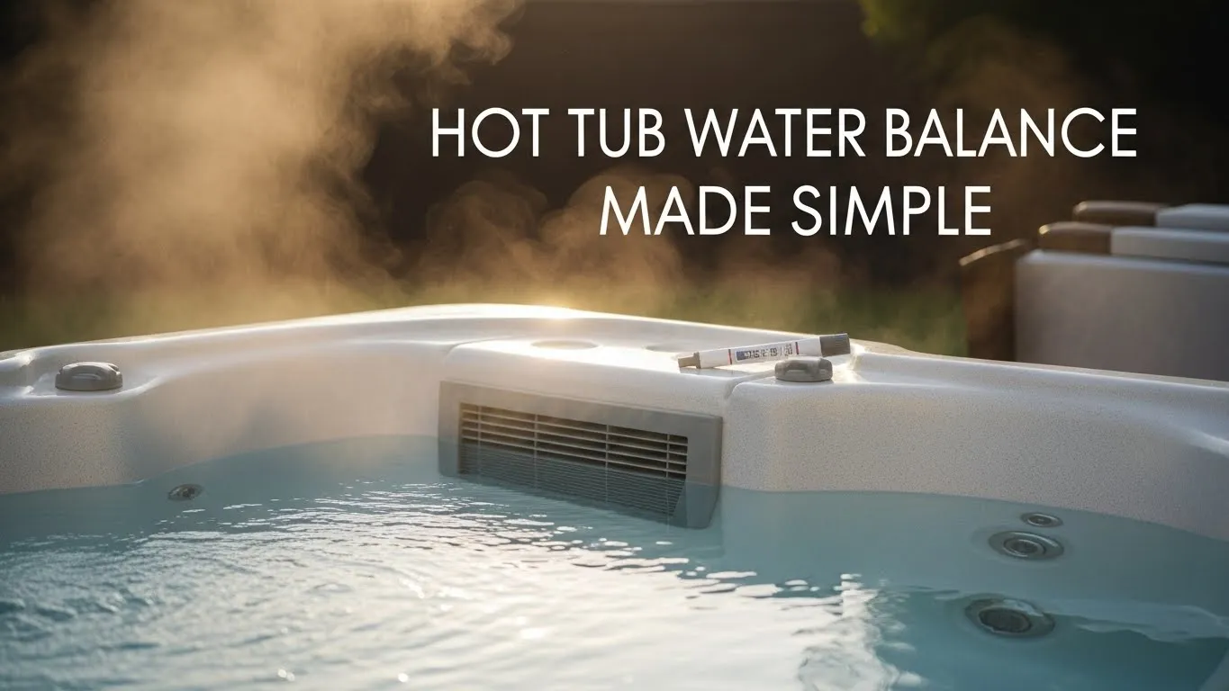 Clear outdoor hot tub with water testing kit showing simple hot tub water balance maintenance.