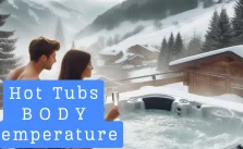 Two couple enjoying a hot tub with a snowy mountain landscape in the background.