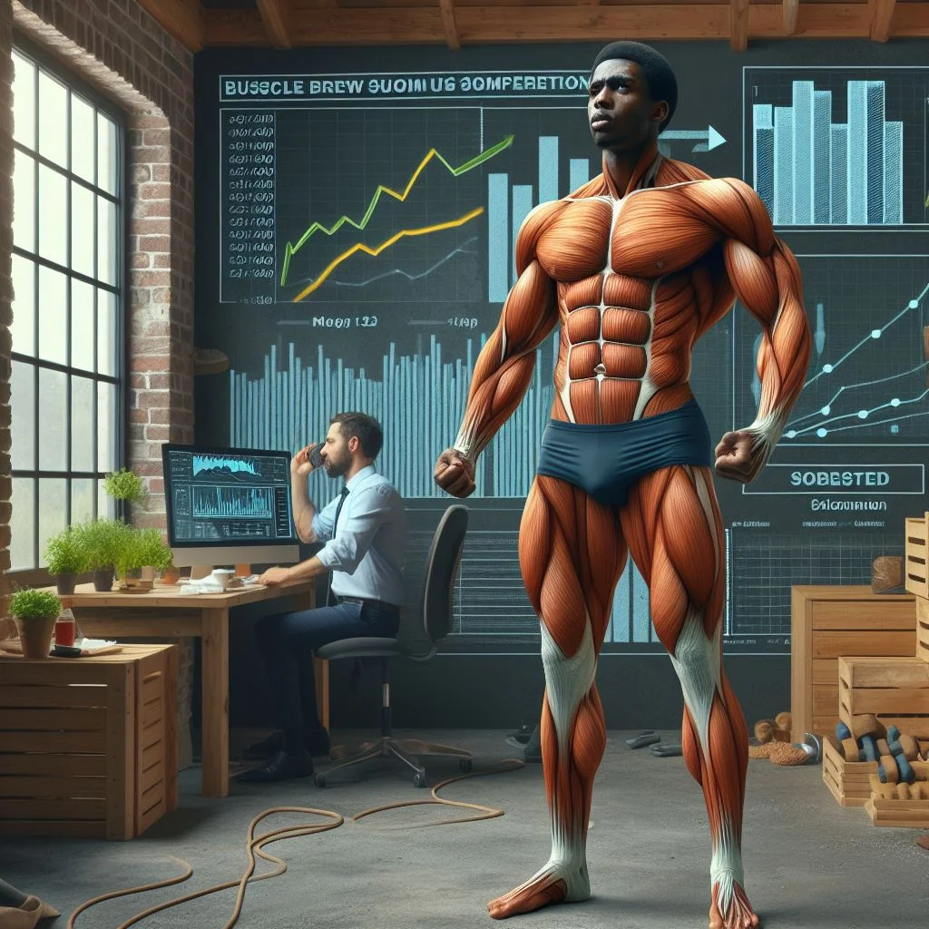 A digitally enhanced image of a muscular figure standing in an office with a man working at a desk in the background, surrounded by data visualizations projected on the wall.