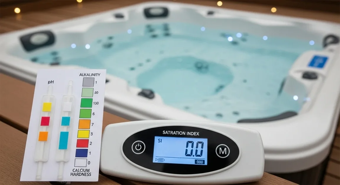 Hot Tub Water Balance Maintenance: Made Simple and Effective 3 Hot tub water test kit measuring saturation index to prevent scale and corrosion.