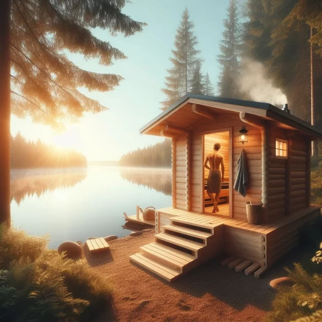 a serene lakeside sauna, nestled in a lush forest. The sauna is made of natural wood, with steam gently rising from the stove inside. A person is seen stepping out of the sauna, looking relaxed and rejuvenated, with a towel draped over their shoulder. In the background, the sun is setting over the calm lake, casting a warm glow over the tranquil scene. 