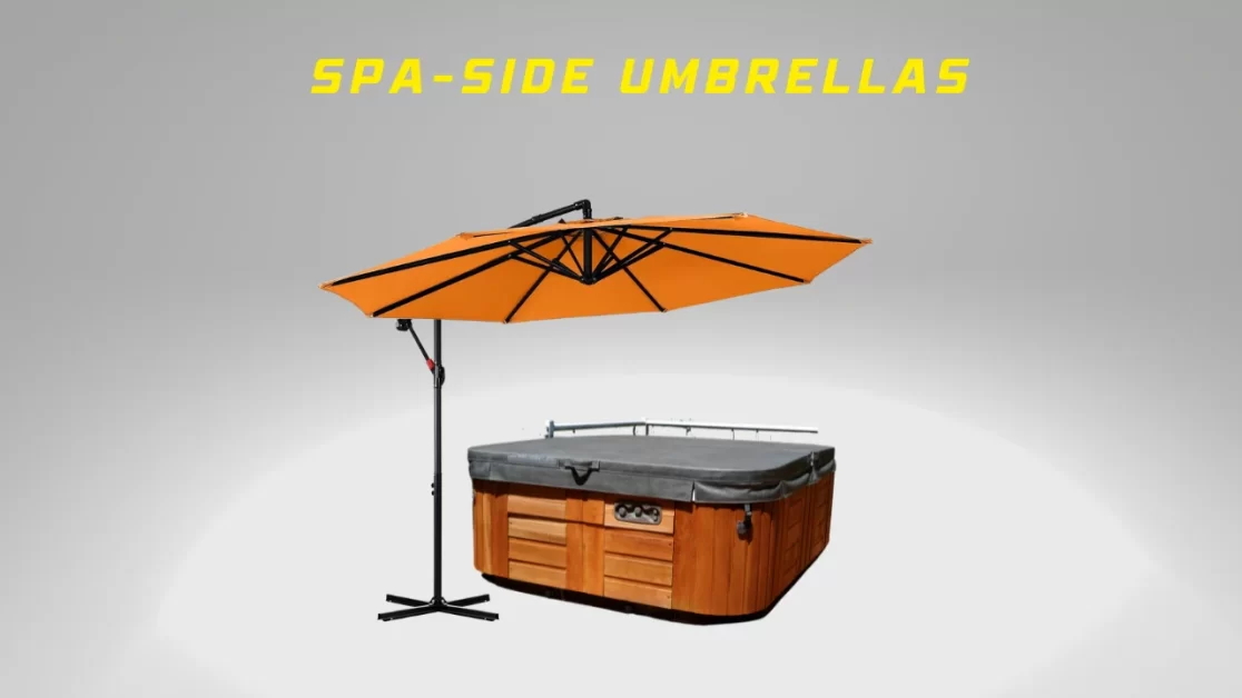 An orange spa-side umbrella opened and positioned next to a hot tub.