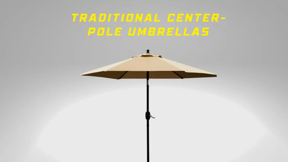 A traditional center-pole umbrella with a beige canopy is depicted against a light background.