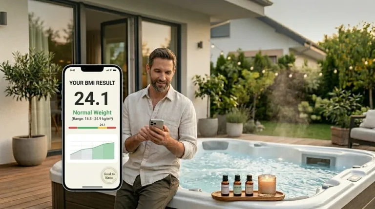 Homeowner checking BMI calculator on phone beside backyard hot tub with title text BMI Calculator.