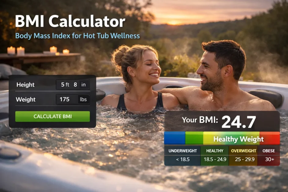 BMI Calculator Body Mass Index for Your Wellness 2 Person using a BMI calculator on a tablet beside a relaxing backyard hot tub with wellness text overlay.