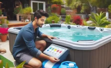 a man checking hot tub pH balance placed hot tub in a home garden