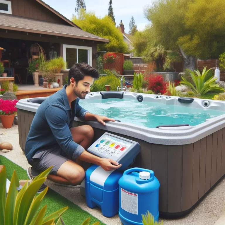 a man checking hot tub pH balance placed hot tub in a home garden