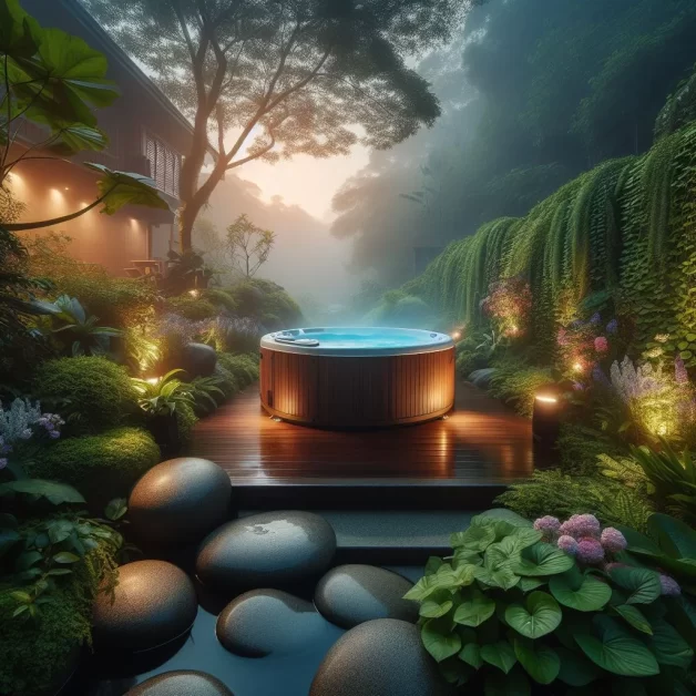 A serene hot tub setting with balanced pH levels, perfect for a relaxing experience.