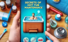 A person’s hands holding a smartphone displaying an app for hot tub maintenance, surrounded by various cleaning supplies.