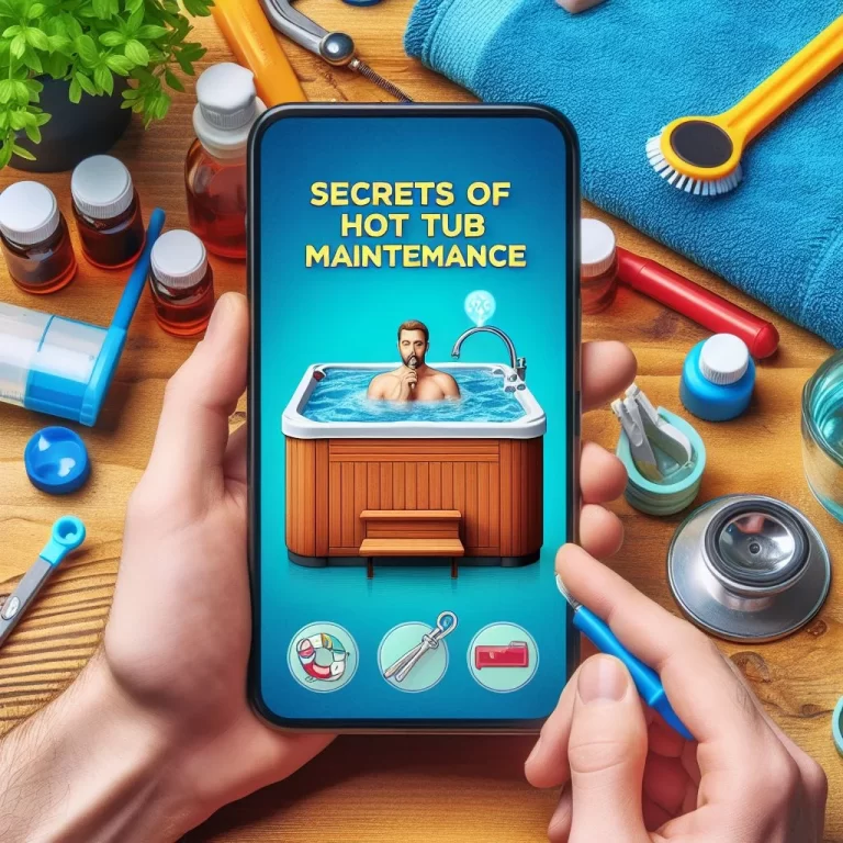 A person’s hands holding a smartphone displaying an app for hot tub maintenance, surrounded by various cleaning supplies.