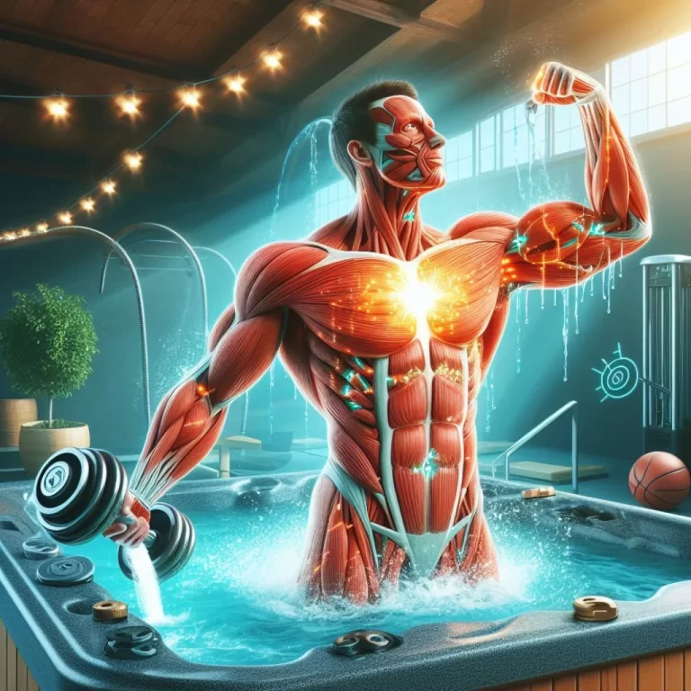 A digital illustration of a muscular figure with visible muscles and tendons, holding a dumbbell, standing in a jacuzzi inside a well-lit gym.