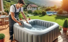 A man Insulating Inflatable Hot Tub in home garden with clear view