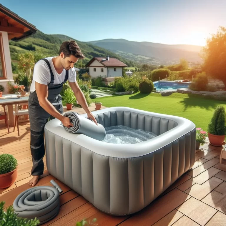 A man Insulating Inflatable Hot Tub in home garden with clear view