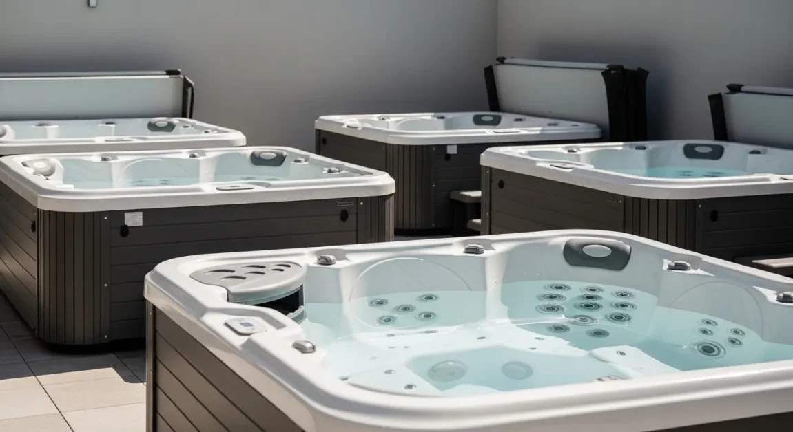 Hot Tub Size and Dimensions Guide: 2 Comparison graphic showing hot tub sizes for couples, families, entertainers, and small spaces