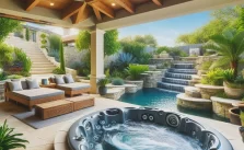 A serene backyard with a built-in hot tub surrounded by lush greenery and comfortable seating, creating a relaxing oasis.